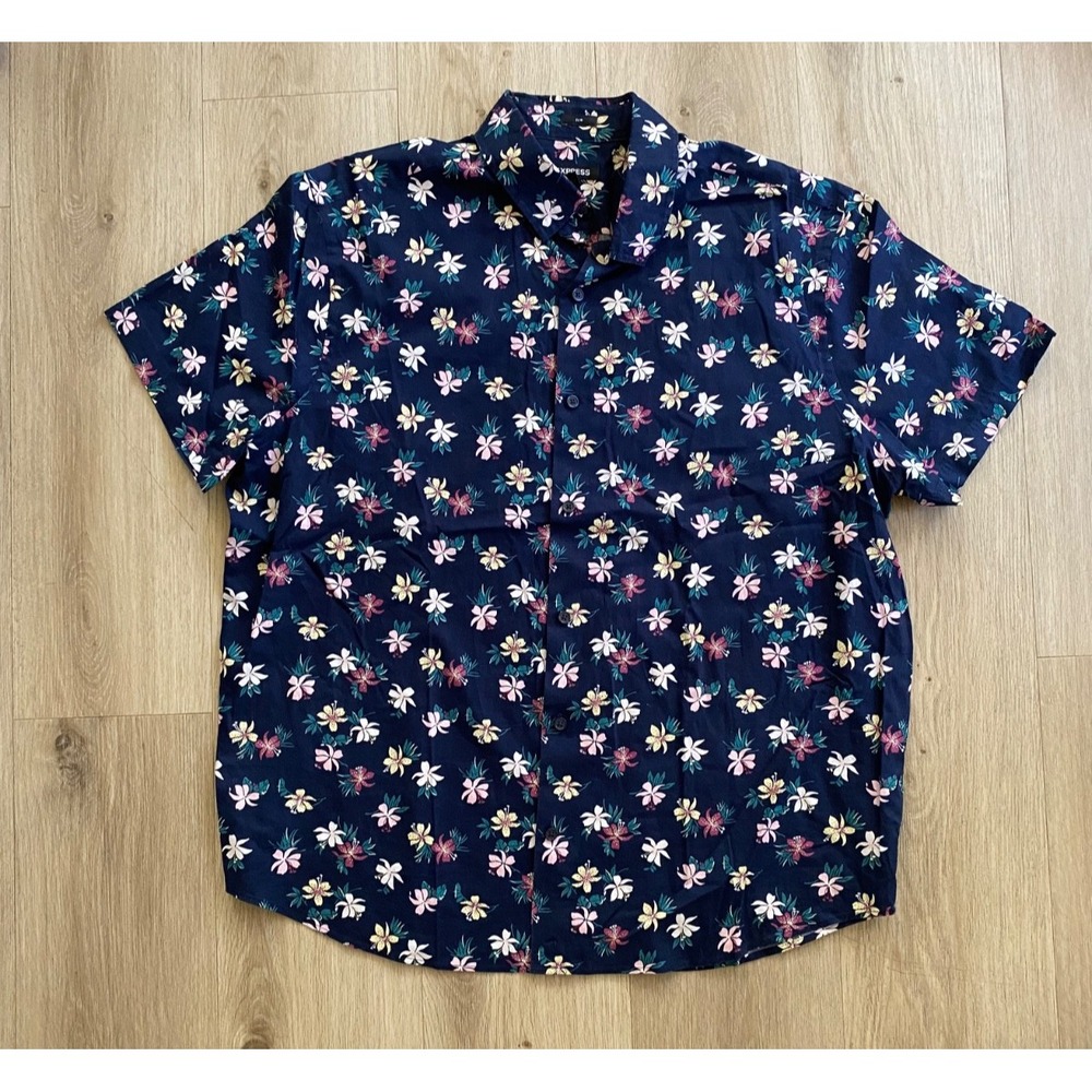 Express Mens XL Navy Blue Small Floral Short Sleeve Slim Fit Button Up Shirt